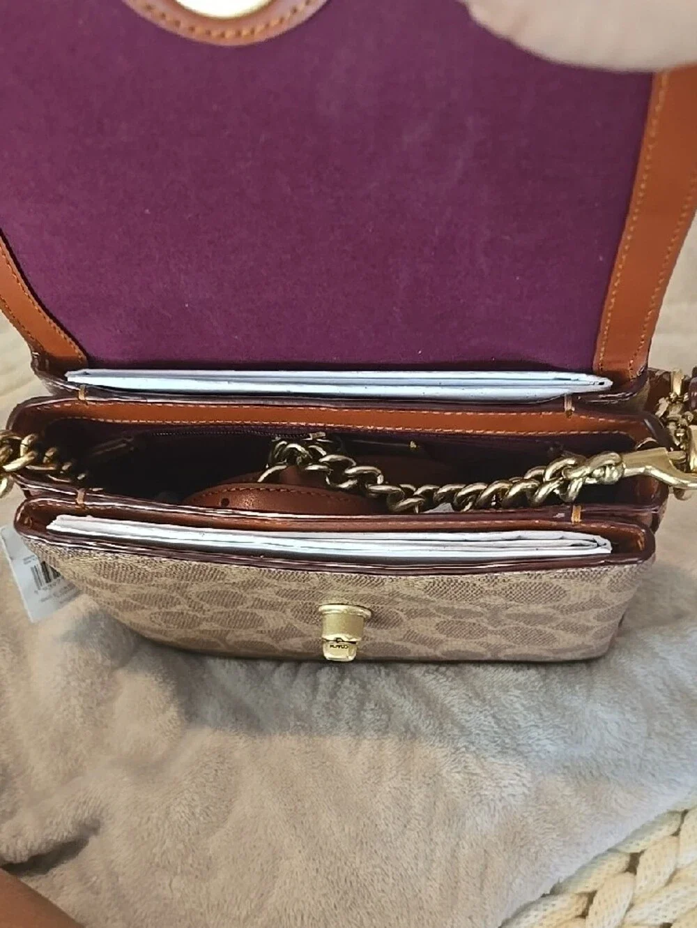 Coach Tan Leather & Signature Canvas Shoulder Bag with Gold Hardware